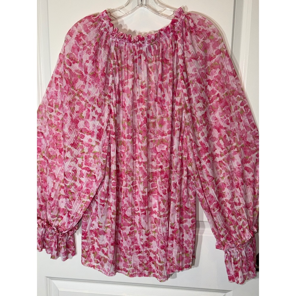 Vince Camuto Pink Floral‎ Pleated Mesh Blouse Top Women's 3X Long Sleeve Ruffle - Picture 5 of 6